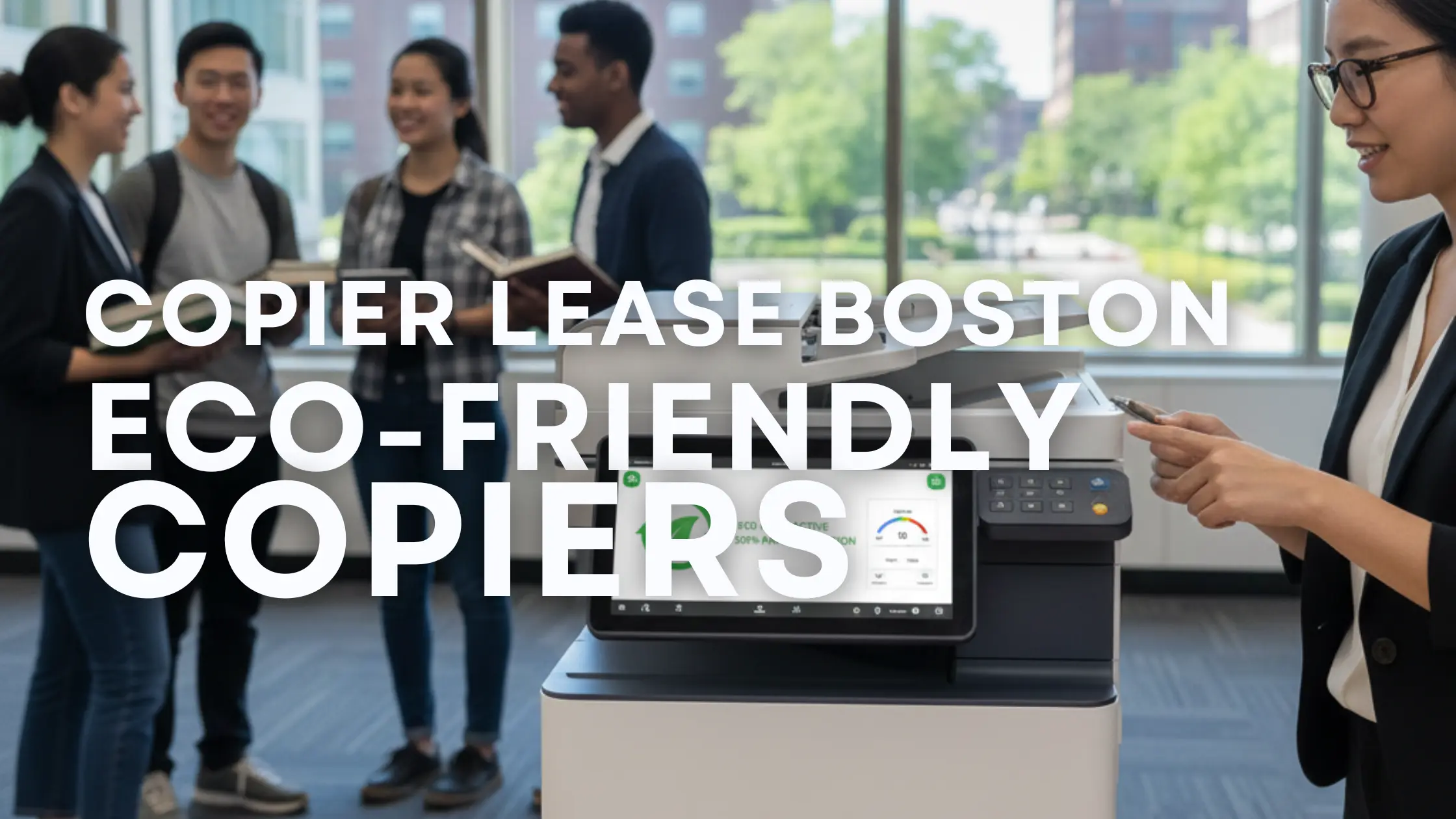 Modern energy-efficient multifunction office copier in a bright Boston university study area, featuring an Energy Star label to support campus ESG sustainability goals.