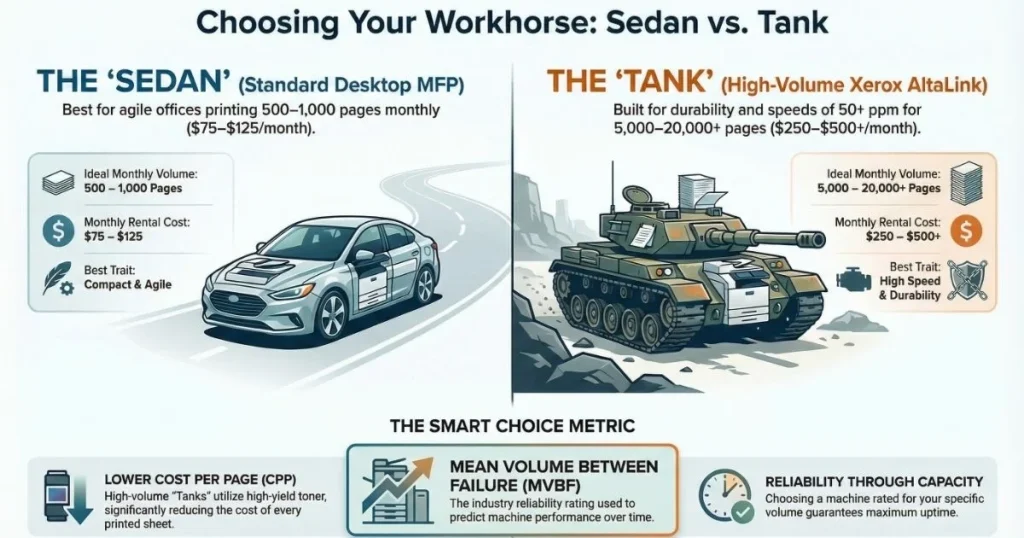 A visual comparison for Boston business owners between compact desktop MFPs and high-volume Xerox AltaLink "tanks" based on monthly page volume.