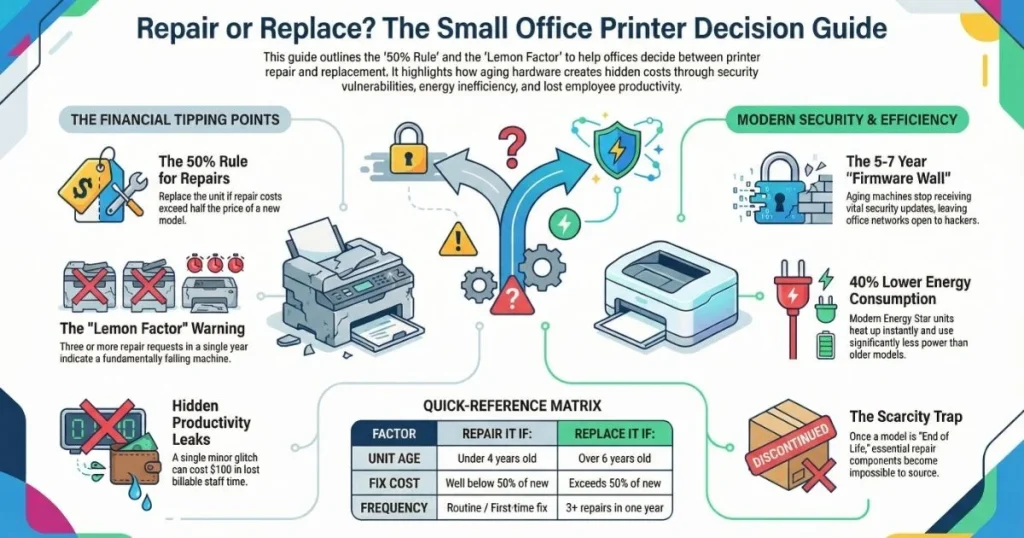 A financial tipping point matrix for Printer Repair in Boston businesses, highlighting the scarcity trap and firmware security barriers.