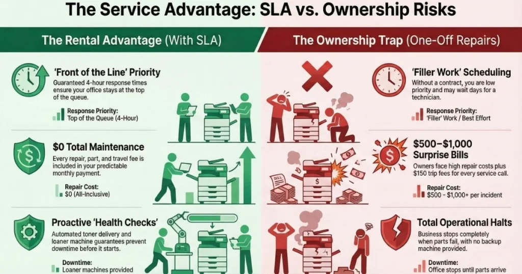 Comparison chart for Boston offices showing rental benefits like 4-hour response times versus ownership risks like $1,000 repair bills.