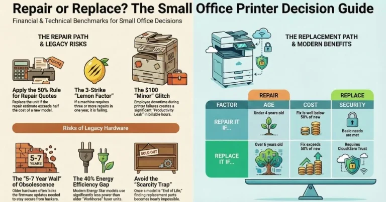 Visual guide for Boston offices deciding on Printer Repair, featuring the 50% rule, 3-strike lemon factor, and legacy hardware risks