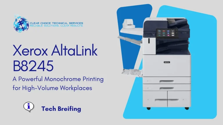 Xerox AltaLink B8245 black-and-white multifunction printer with high-capacity tandem tray and touchscreen at 407 Washington Street, Boston, MA.