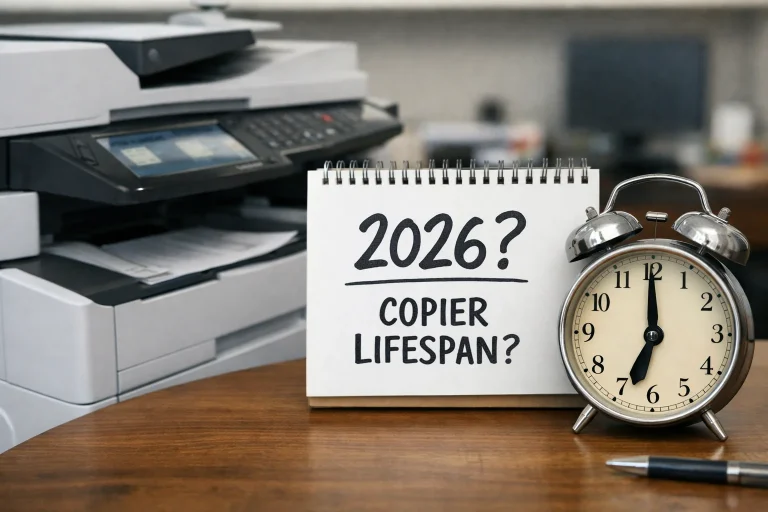 A desktop calendar and alarm clock next to a modern office copier questioning the average machine lifespan for Boston businesses in 2026.