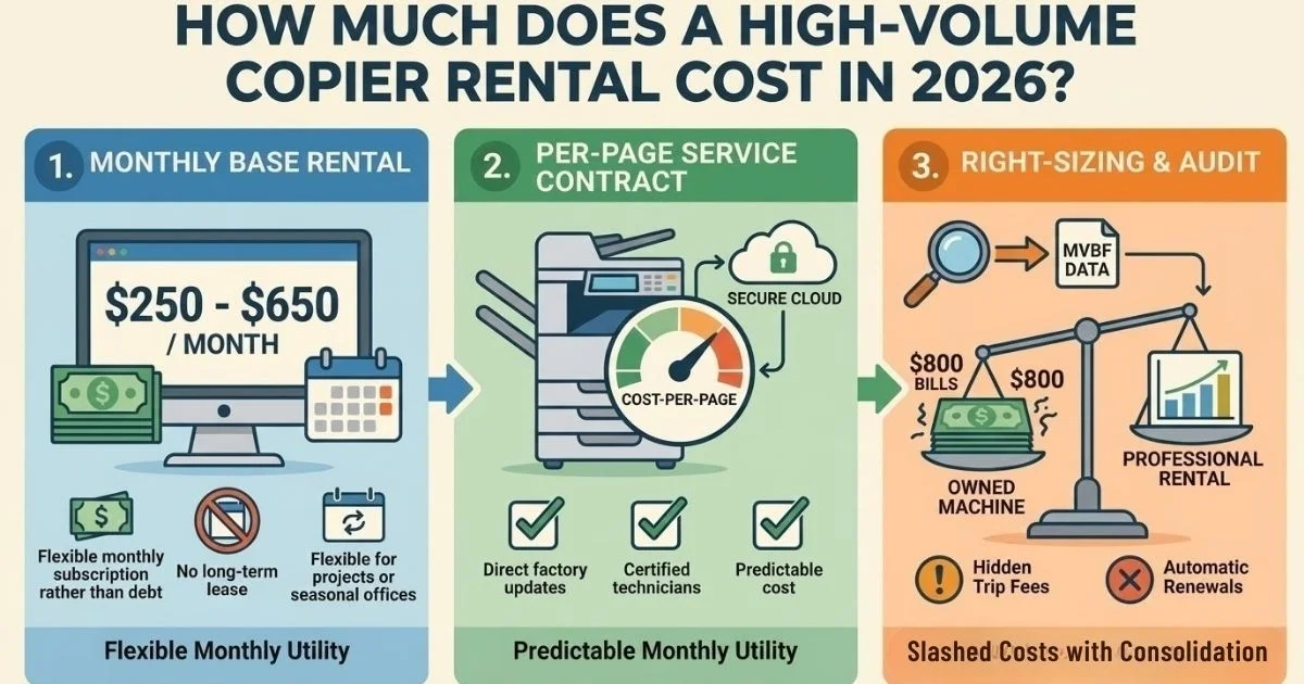Infographic showing a Boston Copier Rental Cost between $250 and $650 per month, featuring flexible monthly subscriptions and no long-term debt.