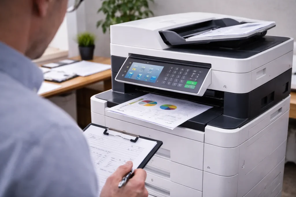 An office worker at 407 Washington Street reviewing high-quality color charts from enterprise-grade multifunction copiers.