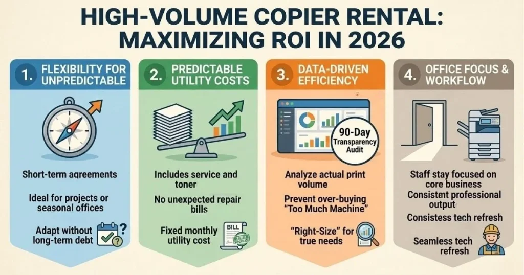 Four-step guide to maximizing ROI and managing Copier Rental Cost in Boston through 90-day transparency audits and data-driven efficiency.