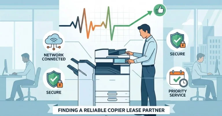 A professional technician providing a Reliable Copier Lease in Boston, featuring 4-hour SLAs, secure network connectivity, and priority service.