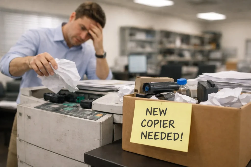 A frustrated office worker holding crumpled paper next to a box labeled "New Copier Needed!"