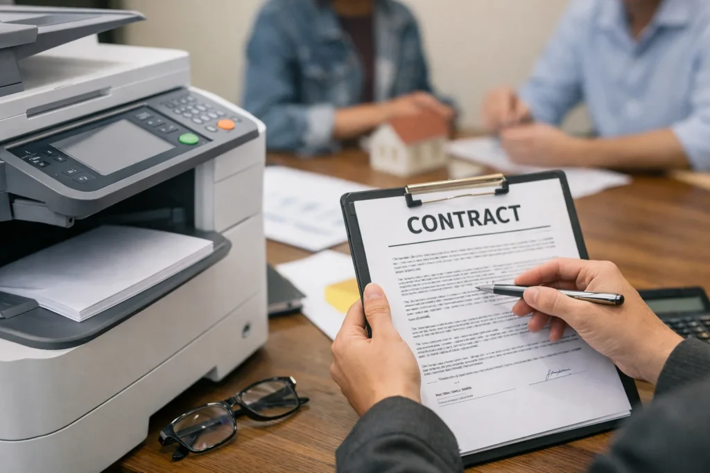 A close-up of a business professional reviewing a Boston copier lease contract to avoid traps.