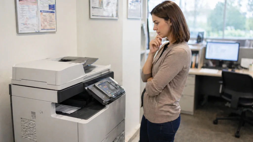 Business woman standing beside an office copier thinking about whether to buy or lease in Boston MA