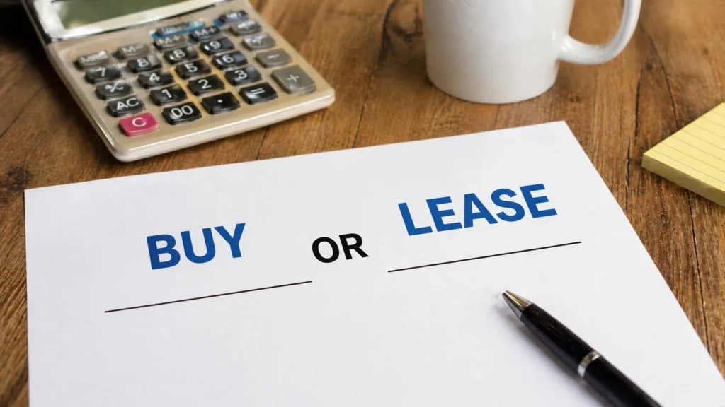 Buy or lease a copier decision document on a desk with a calculator for Boston MA businesses