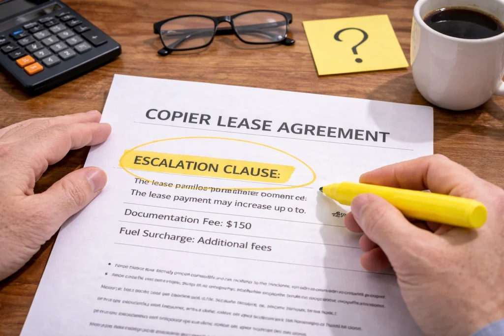 Hand highlighting a clause in a Boston Copier Lease Agreement to ensure all terms are understood.