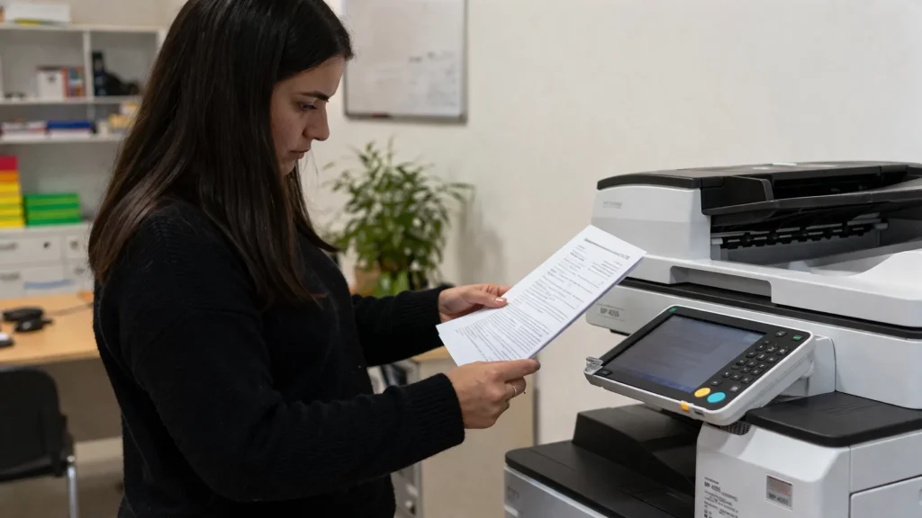 A woman standing by an office copier reviewing a document for Boston copier lease traps.