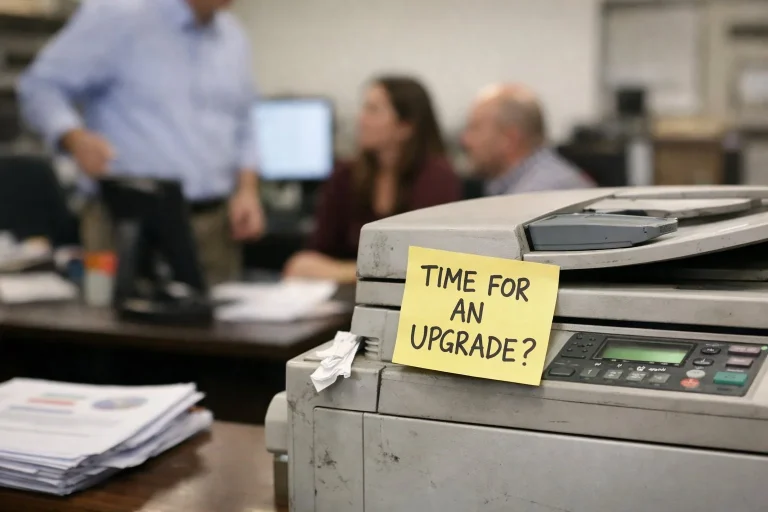 A dusty office printer with a yellow sticky note asking "Time for an upgrade?" in a Boston office.