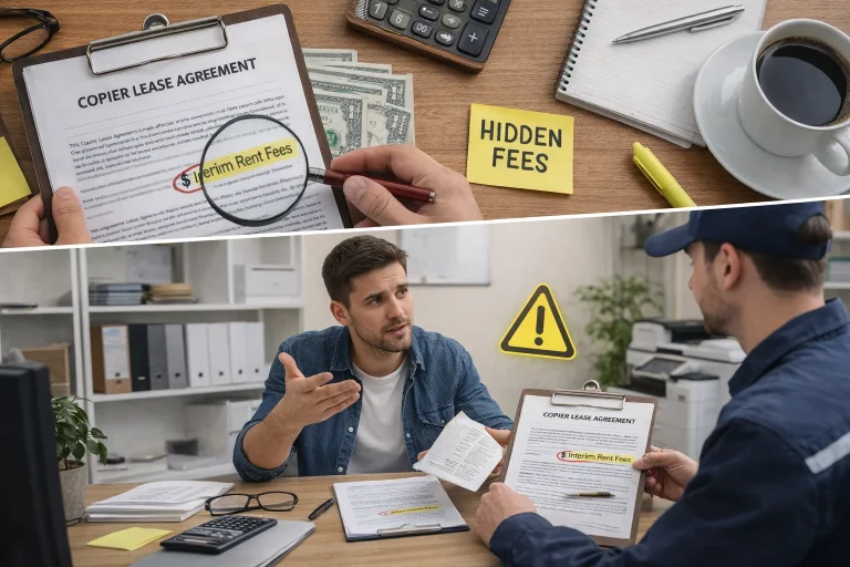 A magnifying glass highlighting "Interim Rent Fees" and a man discussing Boston copier lease traps.