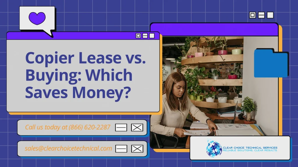 Copier lease vs buying which saves money purple graphic with businesswoman reviewing financial documents in Boston MA