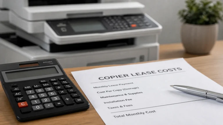 Copier lease costs document showing monthly payment breakdown with calculator and copier for Boston MA businesses