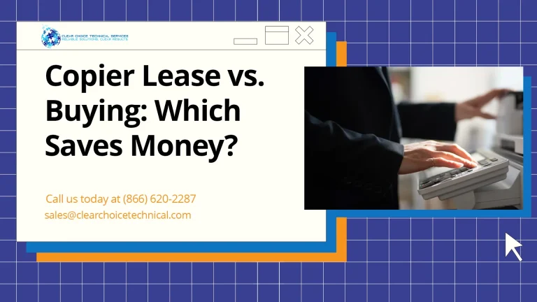 Copier lease vs buying which saves money graphic with business professional operating office copier in Boston MA
