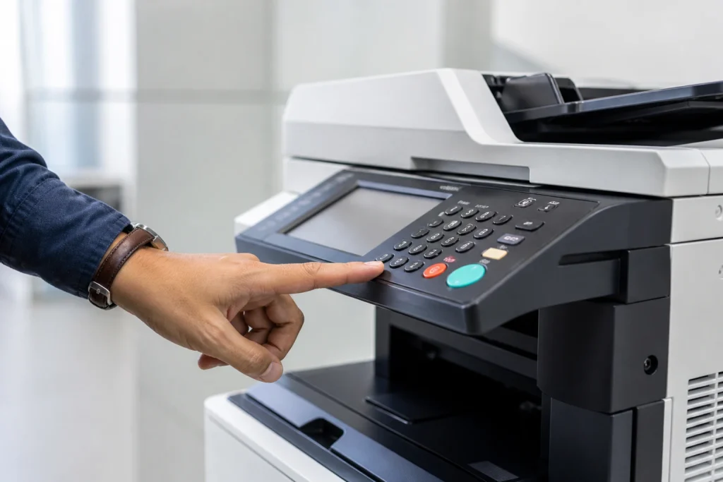 Business person pressing button on office copier control panel for a leased copier in Boston MA