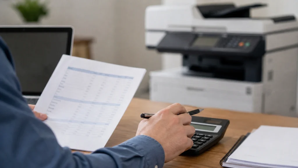Business owner reviewing financial report with calculator while budgeting for copier lease costs in Boston MA