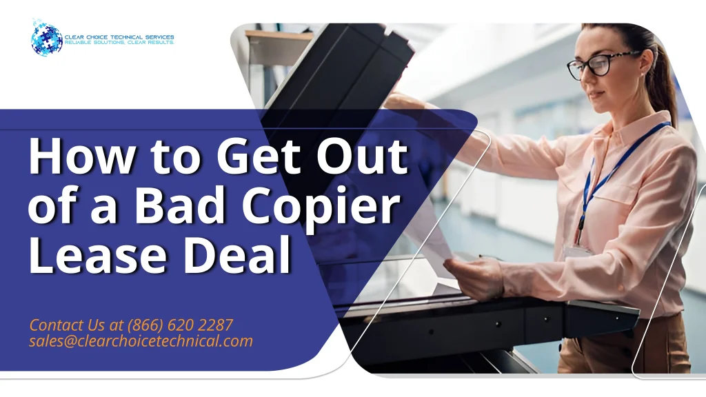 Boston office professional lifting the lid of a leased copier while evaluating how to get out of a bad copier lease