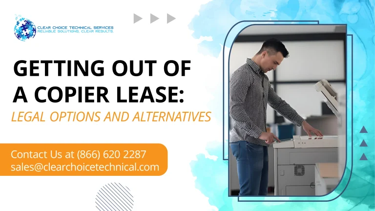 Corporate banner asking "Getting Out of a Copier Lease: Legal Options and Alternatives" next to a man using a printer.