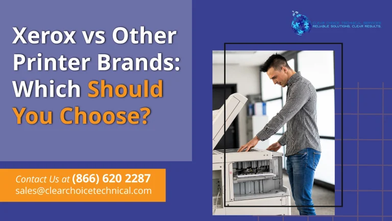 Business graphic titled "Xerox vs Other Printer Brands: Which Should You Choose?" featuring a man inspecting a multi-tray printer.