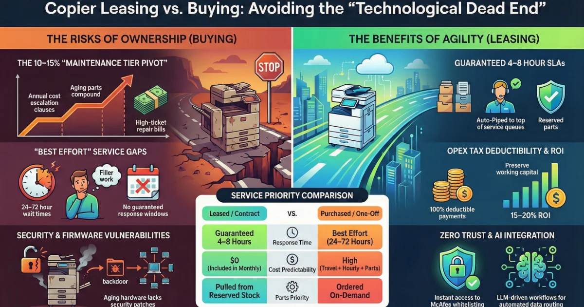 Infographic comparing copier ownership risks versus leasing benefits like guaranteed 4-8 hour SLAs for offices at 407 Washington Street, Boston, MA.