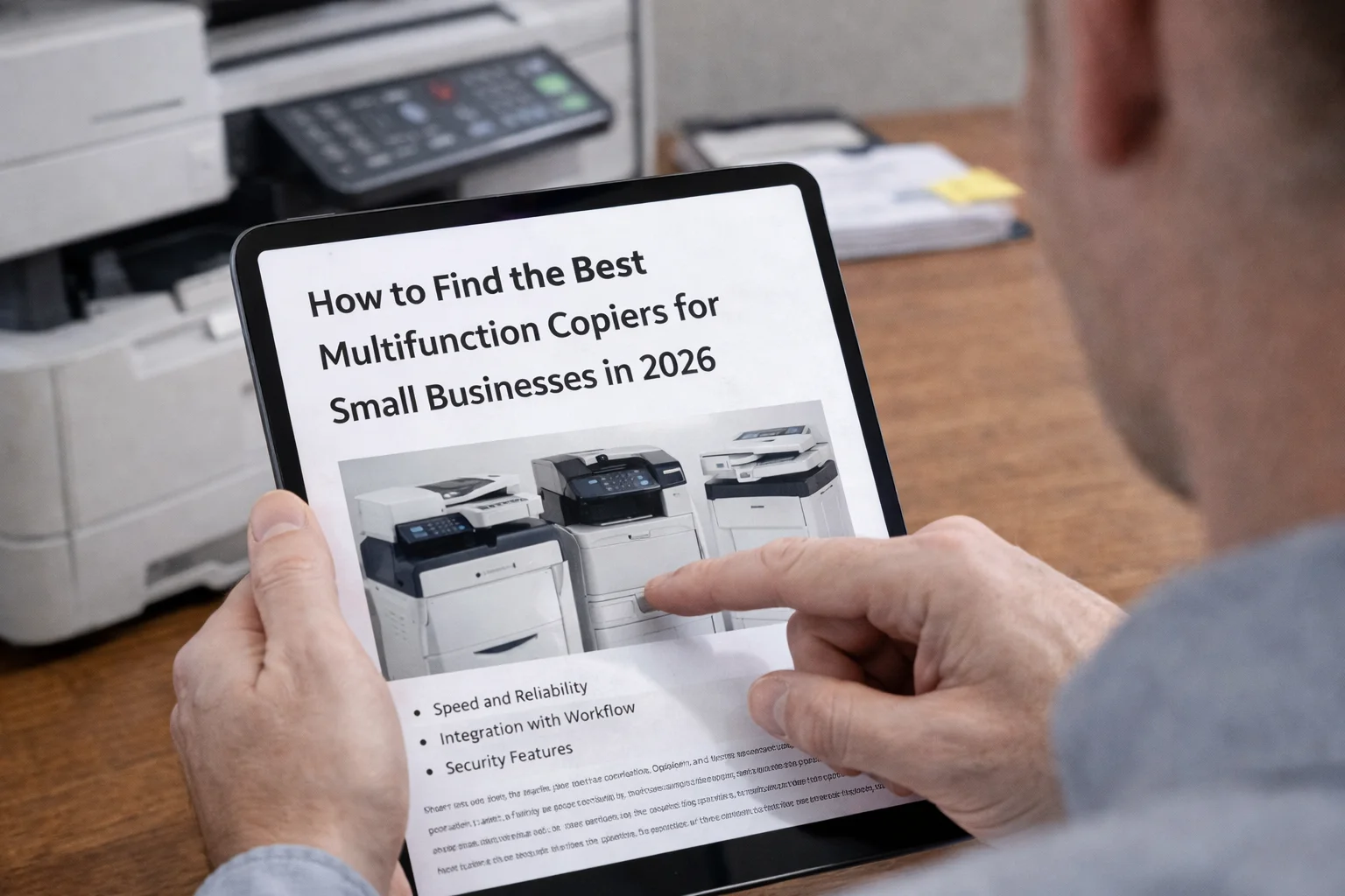 A business professional in Boston using a tablet to configure multifunction copiers for cloud scanning and remote printing.