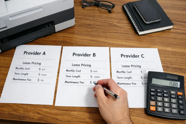 A business professional in Boston comparing copier lease pricing quotes from three different providers with a calculator and office hardware.