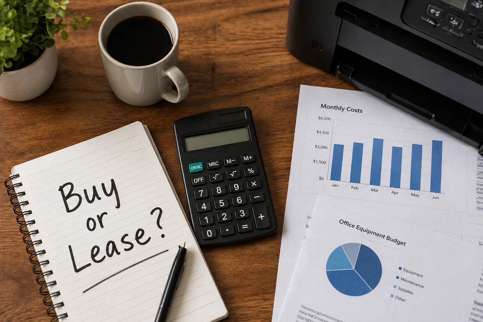 Notepad with "Buy or Lease?" written next to monthly cost charts and a printer for Boston MA businesses