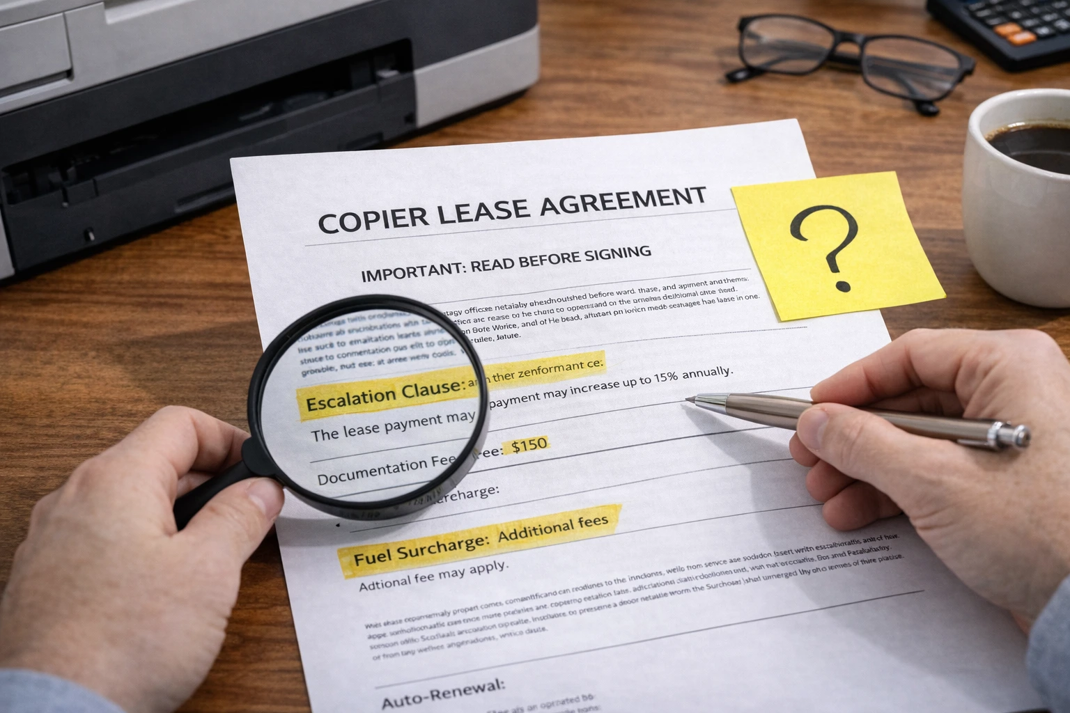 A business owner using a magnifying glass to inspect the fine print of Boston Copier Lease Agreements.