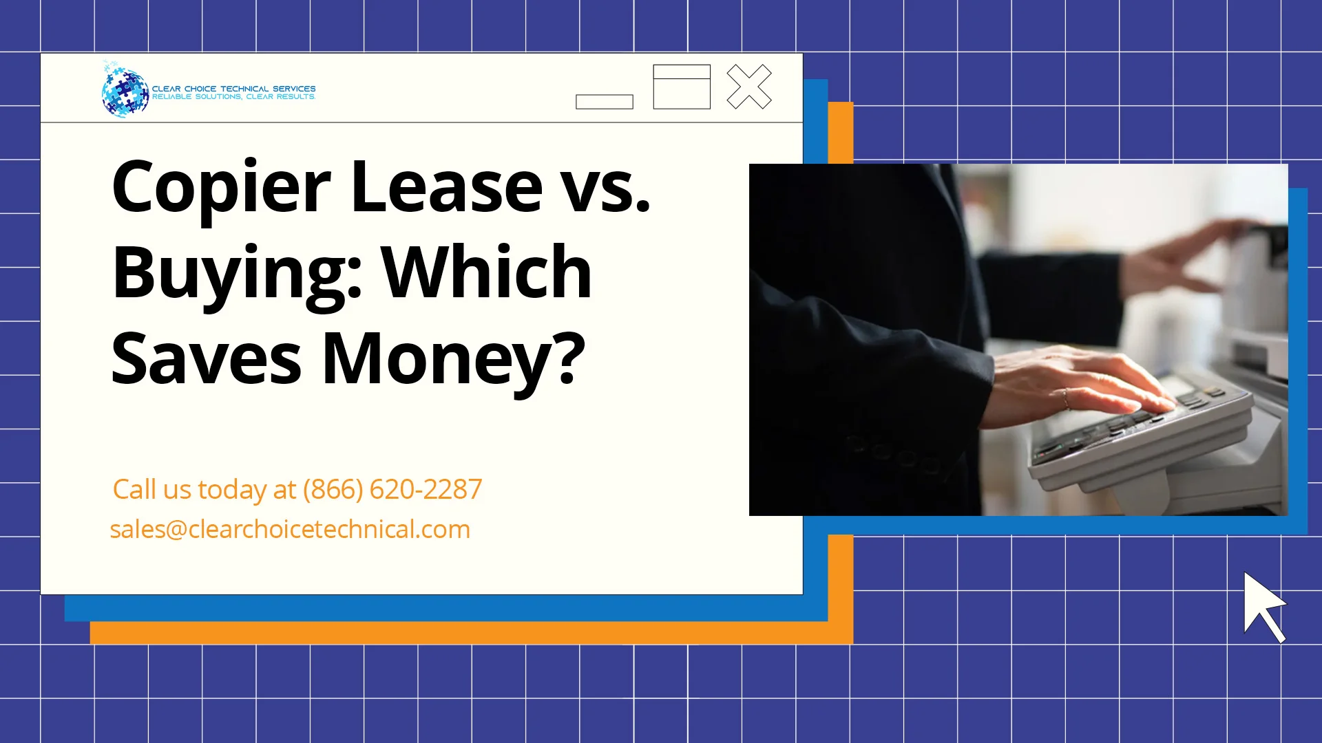 Copier lease vs buying which saves money graphic with business professional operating office copier in Boston MA